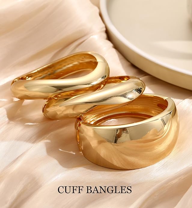 Chunky Gold Bangle Bracelets for Women, 14k Gold Plated Dainty Cuff Stackable Bangles Set, Trendy Bracelet Stack Fashion Jewelry Gifts