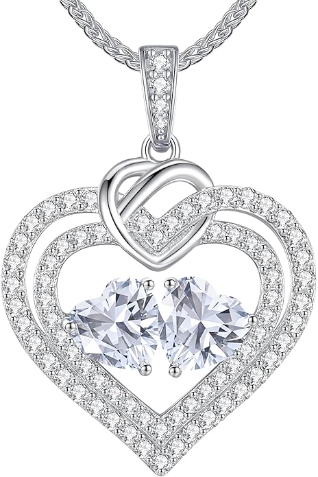 LOUISA SECRET Sparkling Double Heart Birthstone Necklaces for Women, 925 Sterling Silver Fine Jewelry, Pendant Heart Necklaces Birthday Anniversary Christmas Gift for Women Wife Mom Girlfriend Lady