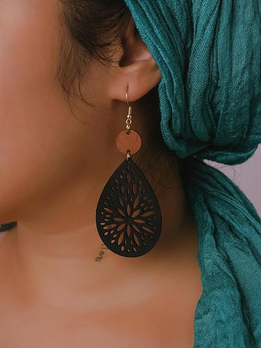 MINACHI Bohemian Hollow Cut-Out Wood Leather Dangle Drop Earrings, Boho Chic Hippie Statement Jewelry Gift for Women