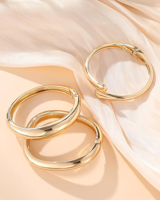 Chunky Bangle Bracelets for Women, Dainty 14k Gold Plated Big Stackable Bangles Set, Trendy Statement Women's Cuff Bracelet Stack Waterproof Chunky Bracelets Jewelry Gifts