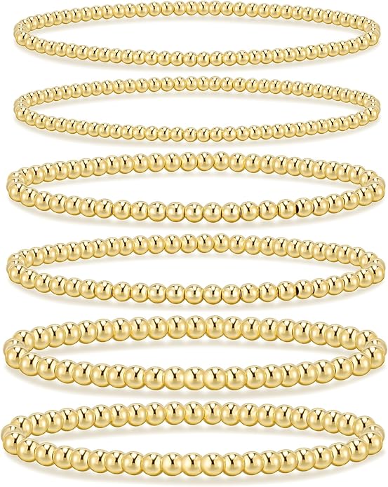 adoyi Valentines Day Gifts for Her Gold Bracelets for Women Waterproof, 14K Gold Plated Beaded Strand Bead Ball Bracelets stack Adjustable Jewelry Set for Gifts