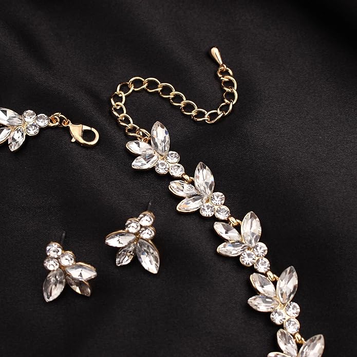 Bridal Wedding Crystal Leaf Choker Necklace Dangle Earring Bracelet Brides Bridesmaid Jewelry Set for Women