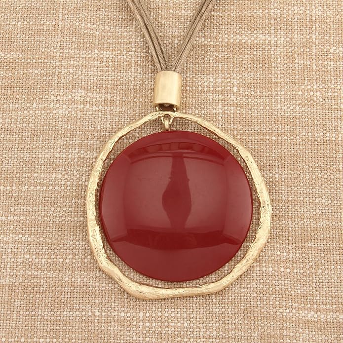 GelConnie Leather Necklace for Women Large Pendant Long Brown Necklace Circle Leather Choker Vintage Sweater Necklace Gold Chunky Boho Necklaces for Women