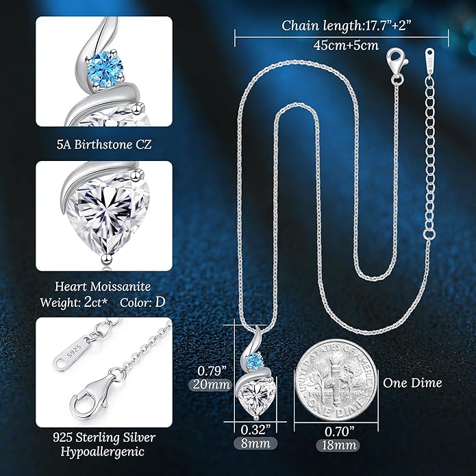 ANDSO Valentine's Day Gift Moissanite Heart Pendant Necklaces for Women, 925 Sterling Silver Necklace with Birthstone, Ideal Anniversary Present or Birthday Jewelry Gifts for Mom Wife Her Girlfriend