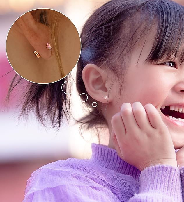 4Pairs 14K Gold Stud Earrings for Women Girls 316L Stainless Steel Hypoallergenic Earrings 20G Flat Back Handmade Nap Earrings Cute Screw Back Opal Heart Star Cartilage Earrings