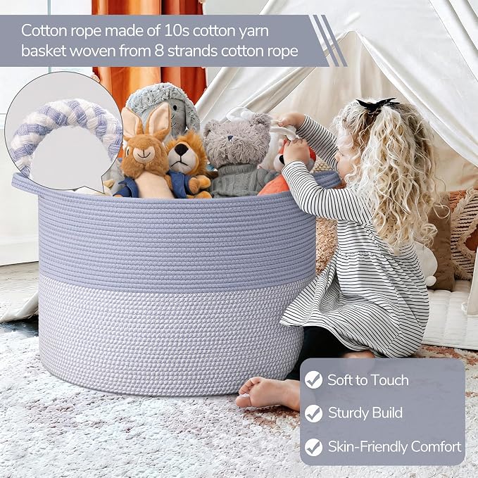 INDRESSME 115L Extra Large Woven Rope Blanket Basket Living Room Blue | 23.6" x - Image 3