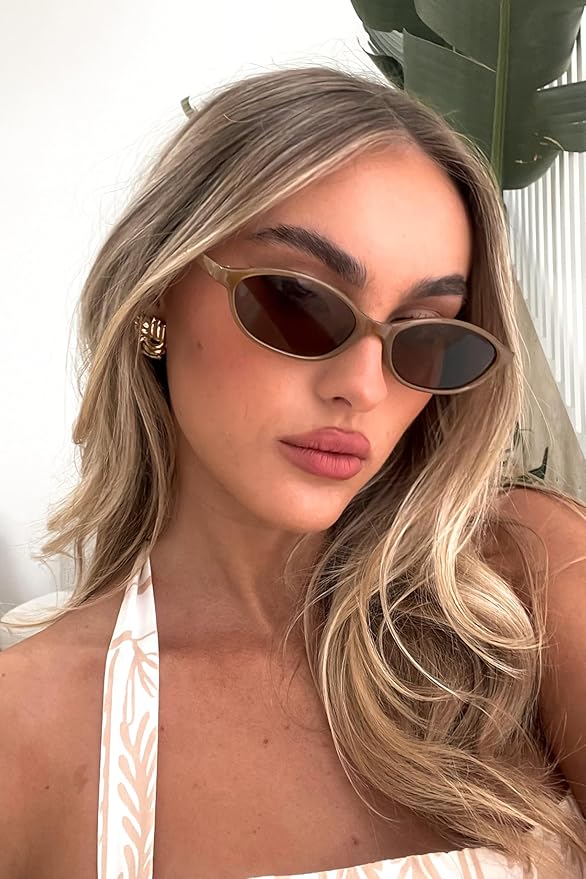 Retro Oval Sunglasses for Women Chic Cat Eye 90s Sunnies Lightweight Narrow Shades Trendy UV protection Sun Glasses