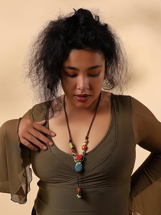 MINACHI Vintage Bohemian Hippie Ceramic Beads Crescent Moon Lariat Necklace, Boho Hippie Statement Jewelry Gift for Women