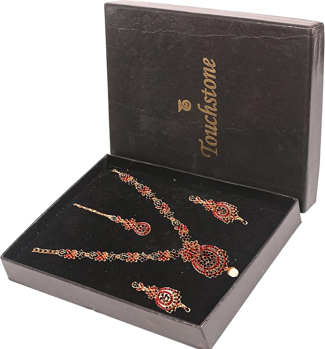 Touchstone Indian jewelry sets for women maang tikka wedding guest gold necklace bollywood jewellery set pageant elegant prom bride accessories western crystal chunky rhinestone necklaces