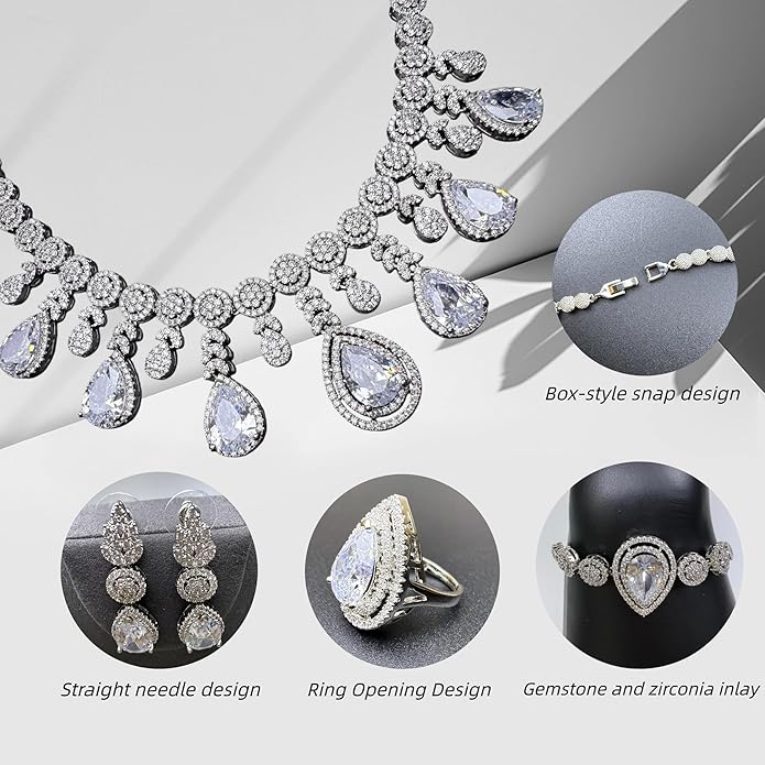 Rhinestone Wedding Bridal Jewelry Set Women's Prom Style Emerald Teardrop Necklace, Earrings, Bracelet, Ring Wedding Bridesmaid Gift Pairs With Evening Gowns