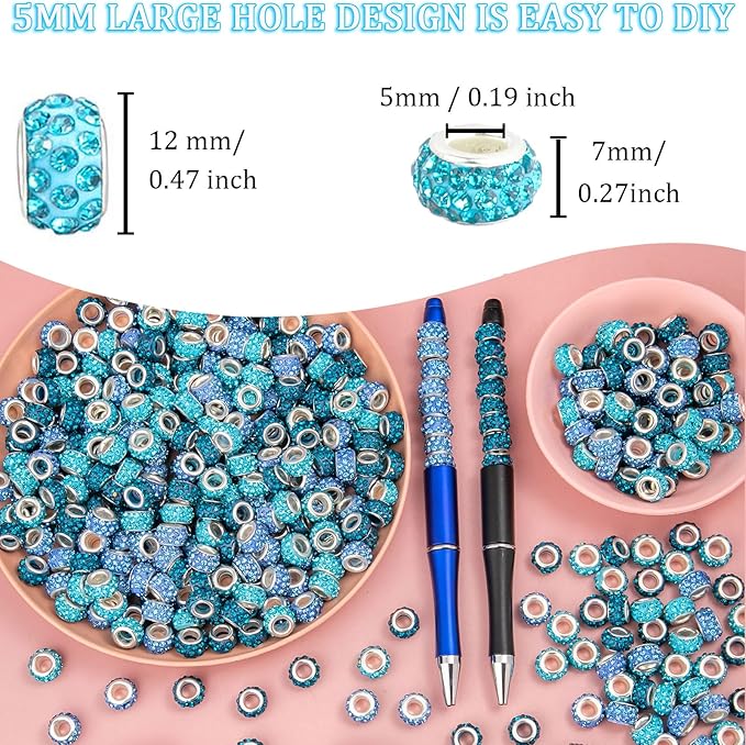 200 Piece Zyehxed Blue European Craft Beads - Large Hole Rhinestone Lampwork Fairy Garden Beads for DIY Charms Bracelet Necklace Earring Jewelry Making