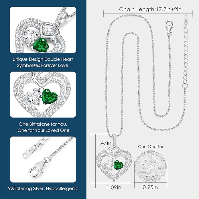 LOUISA SECRET Sparkling Double Heart Birthstone Necklaces for Women, 925 Sterling Silver Fine Jewelry, Pendant Heart Necklaces Birthday Anniversary Christmas Gift for Women Wife Mom Girlfriend Lady