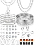 Valentines Gifts -56 Pcs Gold Jewelry Set for Women with 5Pcs Layered Necklace, 5Pcs Layered Necklace, 12 Bracelets, 4 Hoop Earrings, 8 Stackable Rings, 10 hairpins, 12 Studs Earrings Jewerly set for Women