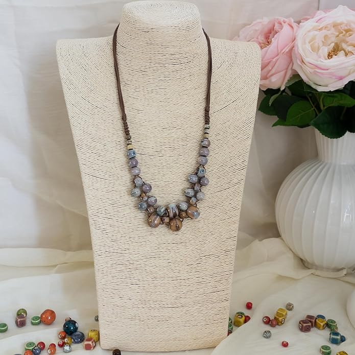 Boho Round Colorful Ceramic Beaded Necklace, Adjustable Hippie Statement Necklace, Handmade Ethnic Jewelry Gift for Women