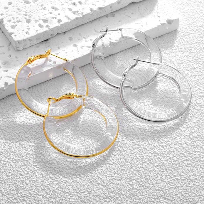 Acrylic Hoop Earrings Sterling Silver Lucite Clear Resin Rectangle Transparent Hoops for Women
