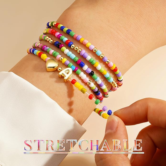 M MOOHAM Valentines Gifts for Kids - 5PCS Colorful Beaded Initial Bracelets for Girls Women Cute Stretch Heart Letter Bracelet Initial Stackable Bracelet Birthday Gift Jewelry for Kids Teen Girl