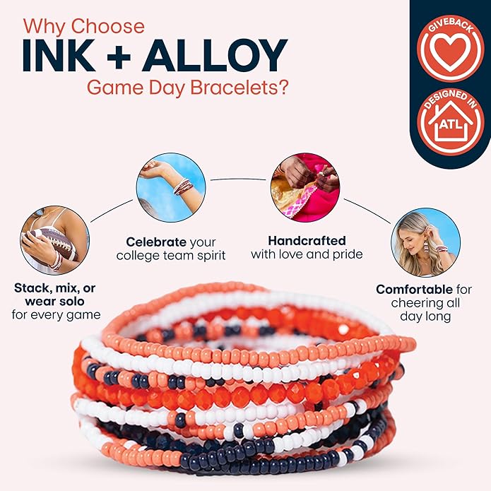 INK + ALLOY Game Day Bracelet Stacks, Beaded Bracelets for Football Gameday Outfits, Handmade Jewelry for College Students, Teachers, Football Moms, Set of 10
