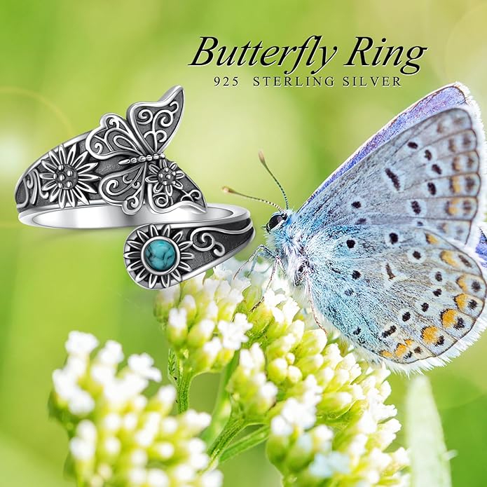 925 Sterling Silver Spoon Rings Butterfly/Dragonfly/Hummingbird/Cross Adjustable Sunflower Thumb Ring For Women Turquoise Boho Ring Vintage Rings Unique Jewelry Present for Christmas Mother's Day