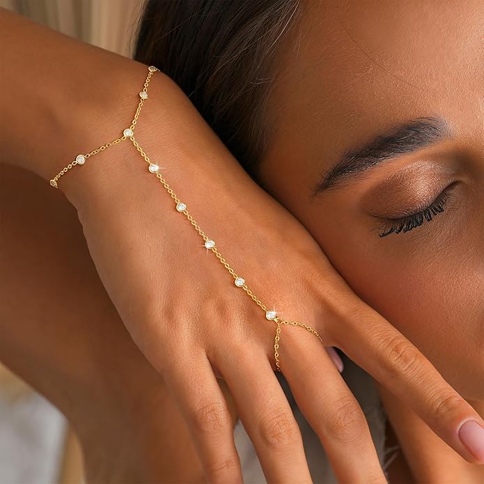 CHESKY 14K Gold Plated Hand Chain Bracelets for Women Set - Dainty Finger Ring Bracelet Stack Adjustable Hand Chains Durable Beaded Bracelets Trendy Simple Body Jewelry Gift for Women