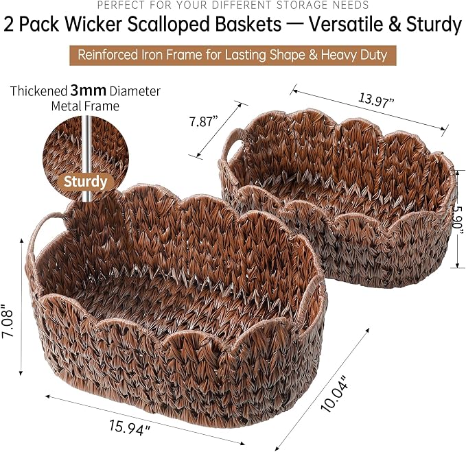 Coeusy Wicker Scalloped Basket Set of 2, Woven Storage Baskets - Image 3