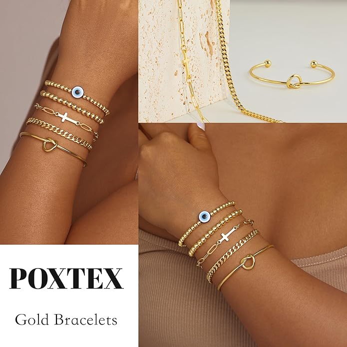 Gold Bracelets Set for Women Stack, Dainty Thick Bracelets Stack for Women Trendy, Simple Thin Gold Plated Cuff Stackable Bracelets With Beaded Cuban Paperclip Snake Rope Bangle Hand Chain Jewelry Gifts for Women Non Tainish