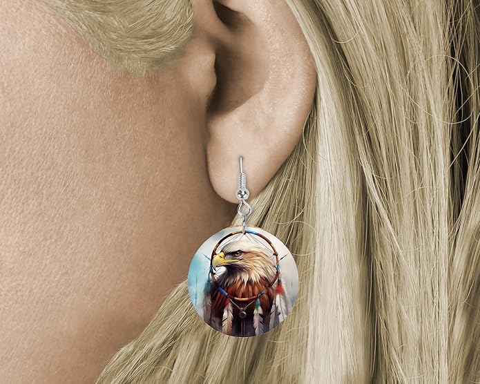 Round Wood Earrings Light Weight Printed Image Dangle Jewelry