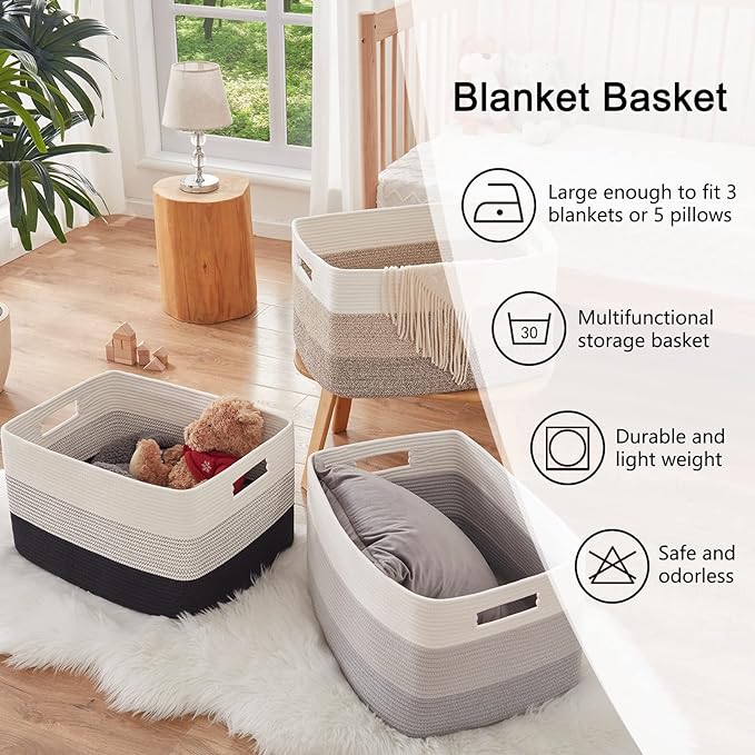 OIAHOMY Blanket Basket Laundry Basket Dog Toy Basket 75L Gradient Black | Large - Image 6