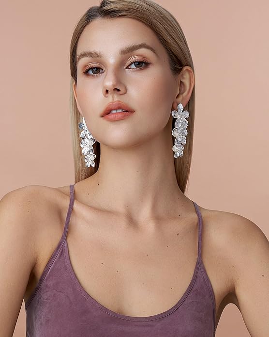 18K Gold Plated Large Chunky Flower Statement Earrings for Women by SNGIA, Summer Beach Floral Handmade Drop Jewelry, Maximalist Wedding Date Birthday Gift, Bold Exaggerated Textured Dangle Trendy Ribbed Jewelry, 18K Gold Plated Chandelier Fashion Acce...
