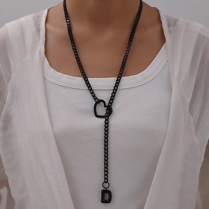 Black Heart Slip Chain Initial Necklaces for Women,Stainless Steel O-Ring Adjustable Lariat Heart Y-Necklace,Punk Gothic Cuban Collar Choker Necklace for women