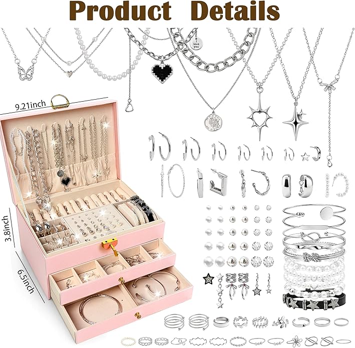 SMUOBT Jewelry Box with Jewelry Set for Women Men - Large Multi-Layer Jewelry Organizer Storage Case with Drawers, Necklace Bracelet Hoop/Stud Earrings Rings Gift Set for Her Him, Unique Birthday Party Gift (Gold/Black Silver)