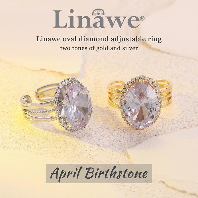 Linawe Birthstone Chunky Adjustable Rings for Women, Gold/Silver/Rose Gold Statement Rings, Imitation Diamond Fake Gemstone Crystal Cocktail Ring, Cubic Zirconia Costume Jewelry