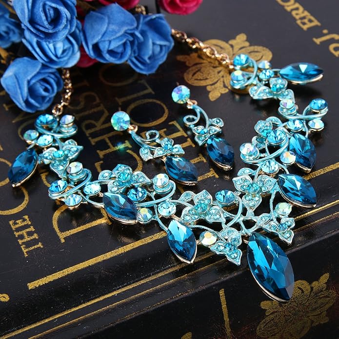 BriLove Women's Costume Fashion Crystal Floral Vine Leaf Statement Necklace Dangle Earrings Set