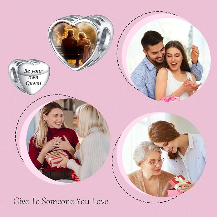 Annmors Personalized Photo Charms For Bracelets/Necklace 925 Sterling Silver Love Heart Shaped Engraved Customize Picture Gift for Birthday Mother's Day,Bead Charms Jewelry for Women