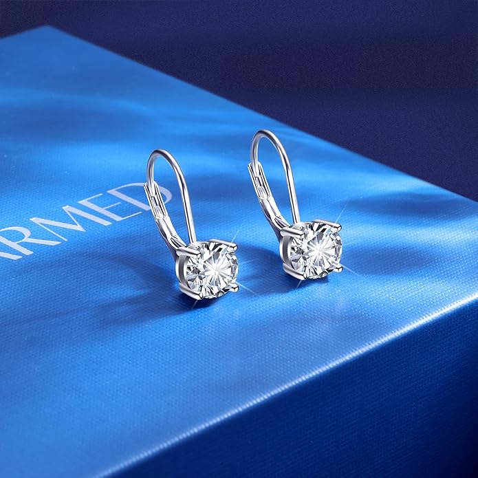 Moissanite Earrings, White Gold Plated Soild Sterling Silver Dangle Earrings 1.0ct-2.0ct D Color Brilliant Round Cut Lab Created Moissanite French Leverback Drop Earring for Women