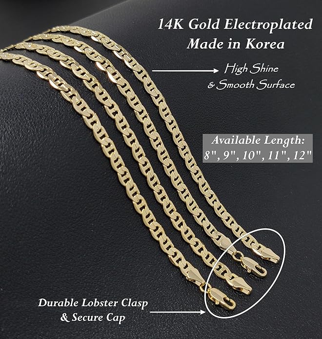 Gold Electroplated Anklet for Women, 9-12 Inch Sizes, Figaro, Cuban, Mariner, Herringbone Design - Made in Korea
