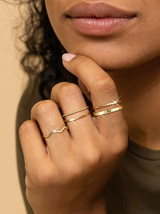 Tungary Gold Stackable Rings for Women Non Tarnish Open Adjustable Thin Thumb Silver Rings 14K Gold Plated Stacking Cubic Zirconia Knuckle Pinky Ring Set Dainty Statement Promise Wedding Band Ring