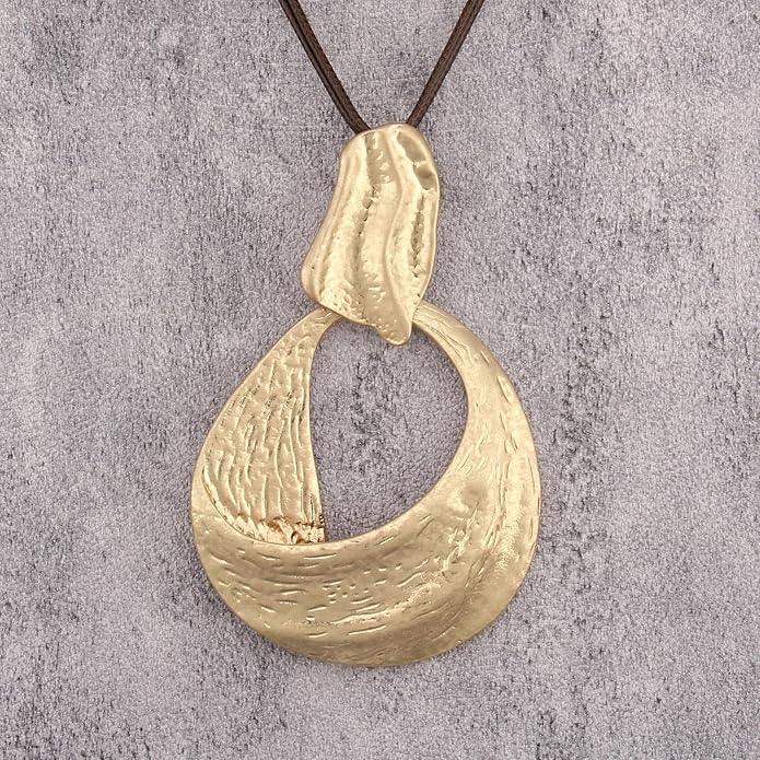 GelConnie Leather Necklace for Women Large Pendant Long Brown Necklace Circle Leather Choker Vintage Sweater Necklace Gold Chunky Boho Necklaces for Women