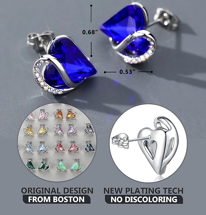 Leafael Infinity love Heart Birthstone Stud Earrings for Women, Valentine's Day Gifts for Mom, Wife, and Her, Silver Plated Birthday Jewelry