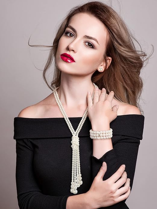 Glenmal Pearl Rhinestone Jewelry Set for Women Pearl Necklace Bracelet Earrings for Wedding Birthday Bridal Shower Tea Party