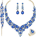 Crystal Bridal Wedding Jewelry Sets for Women Rhinestone Teardrop Crystal Statement Choker Necklace Drop Earrings Link Bracelets Rings Teardrop Jewelry Set for Brides Bridesmaids