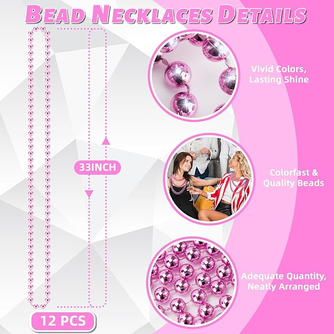 YAXINRUI 12 PCS Pink Bead Necklaces, Pink Mardi Gras Beads, Cancer Awareness Beads Necklaces, Valentine Necklace, 33 Inch Party for Mardi Gras Christmas Cancer Awareness Month Events