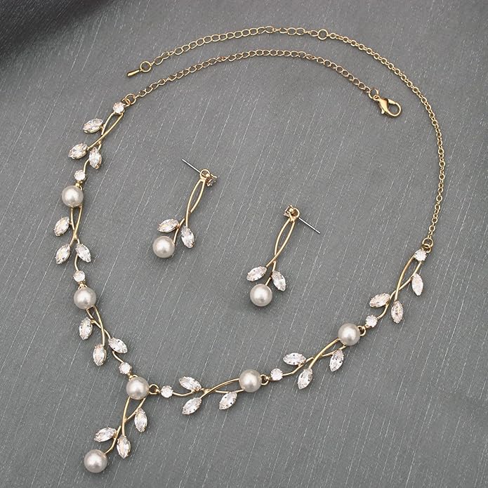 Luxury Cubic Zirconia Aurtrian Crystal Pearl Floral Necklace Dangle Earrings Wedding Bridal Jewelry Set Birthday Gifts for Her