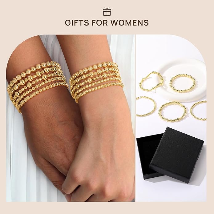 Yoosteel Valentines Day Gifts for Her Kids Teen Girl - 14K Gold Plated Dainty Round Beaded Ball Pearl Cross Bracelet Stack Set for Women Trendy Non Tarnish Teenage Girls Stackable Jewelry Gift