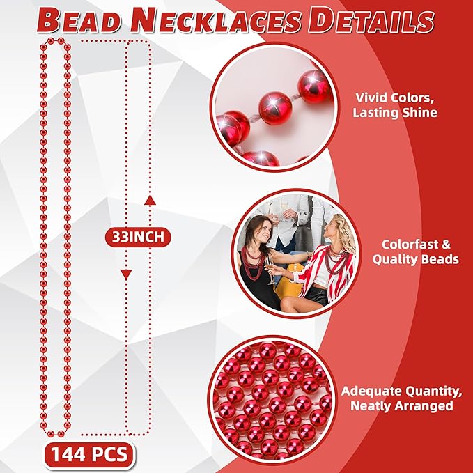 YAXINRUI 144 PCS Red Bead Necklaces, Red Christmas Mardi Gras Beads, Valentine Necklace, 33 Inch Round Beaded Necklace for Mardi Gras Christmas Valentine Festive Events Party Favors