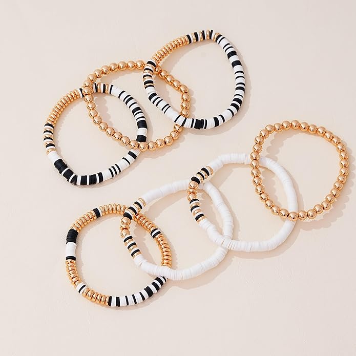 GOOJIDS Surfer Heishi Clay Bead Bracelets for Women Bohemian Stackable Gold Plated Beaded Stretch Bracelets Elastic Layering Friendship Bracelets Set Boho Jewelry