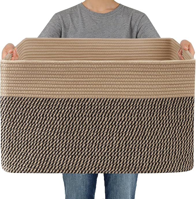 JMvicyroam 65L Large Woven Cotton Rope Blanket Basket, Jute&Black | Blanket by JMvicyroam