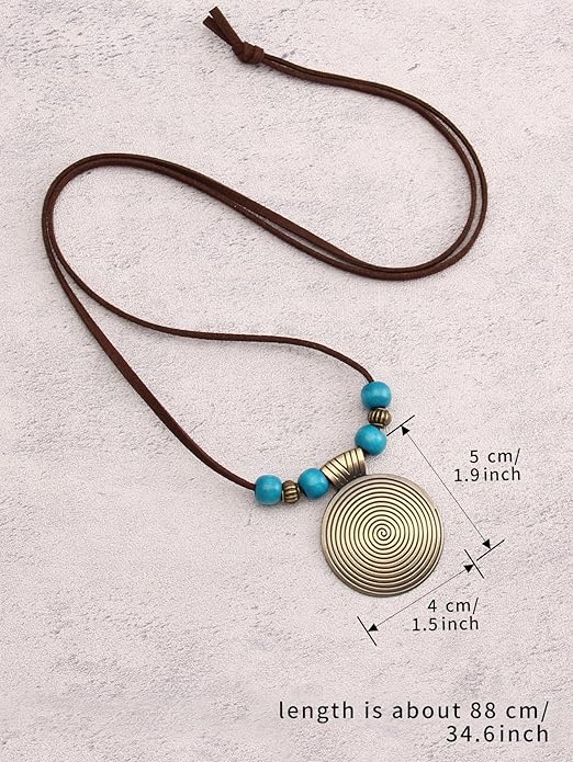 GelConnie Boho Necklaces for Women Vintage Silver Circles Long Pendant Necklace Cowgirl Sweater Necklace Adjustable Leather Choker Necklace for Women