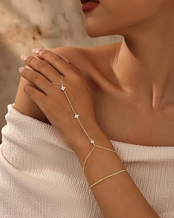 CHESKY 14K Gold Plated Hand Chain Bracelets for Women Set - Dainty Finger Ring Bracelet Stack Adjustable Hand Chains Durable Beaded Bracelets Trendy Simple Body Jewelry Gift for Women