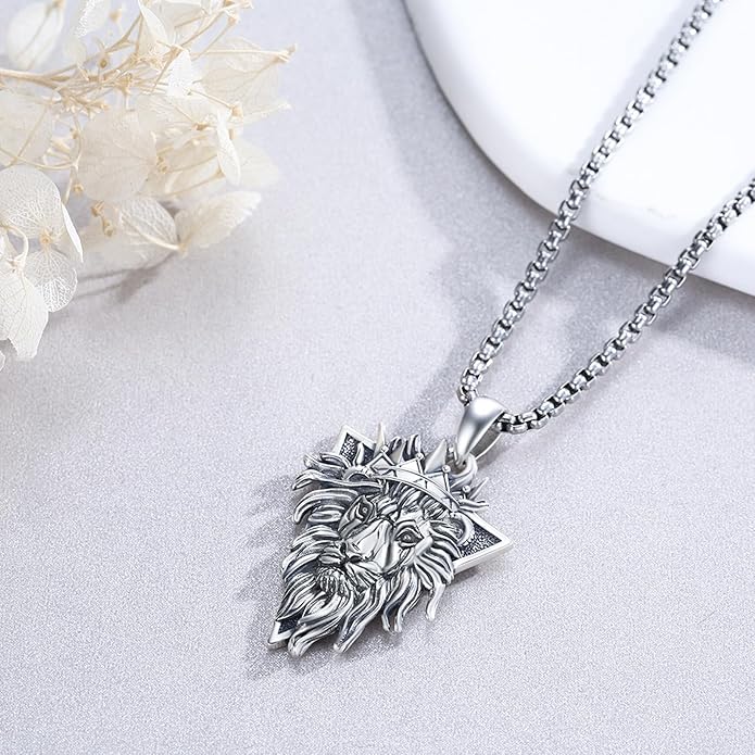 Cuoka Lion Necklace for Men Women S925 Sterling Silver King Retro Punk Gothic Hip Hop Rock Animal Lion Head Pendant Charm Jewelry Chain Necklace Viking Protection Amulet Necklaces