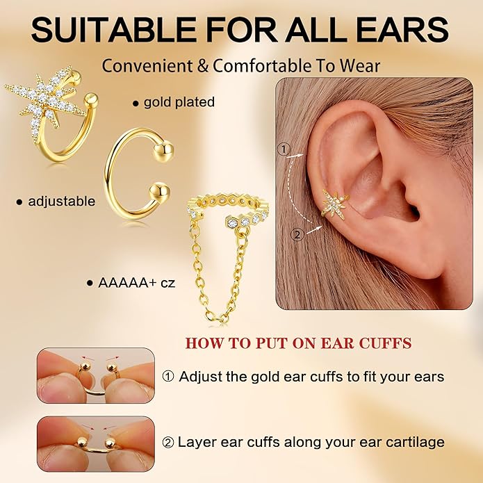 Dochais Ear Cuffs Non-Piercing Earrings for Women Cute Small Clip-On Cartilage Earring 14k Gold Plated Dainty Fake Piercings Earings